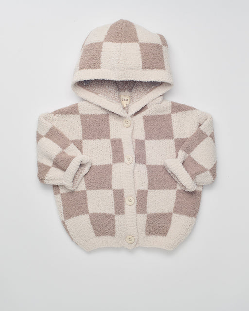 7AM - Checkers Hooded Cardigan - Ecru, Taupe - 6-12M