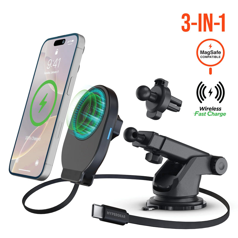 Hypergear - HyperGear Car Mount 3-in-1 Kit Mag Grip with 15W Magnetic Wireless Fast Charging - Black