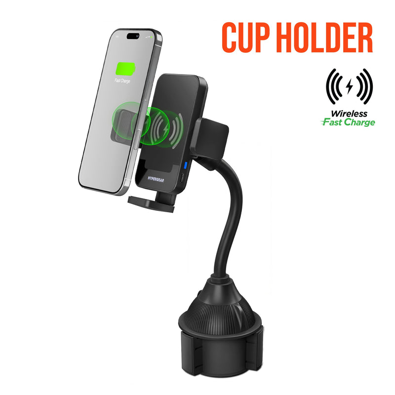 Hypergear - HyperGear Car Mount Universal Cup Holder EZ Grip with 15W Wireless Fast Charging - Black