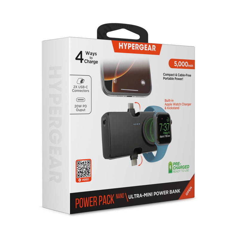 Hypergear - HyperGear Powerbank Nano Ultra-Mini 5000mAh 20W USB-C PD Dual USB-C connectors, Magnetic Charging for Apple Watch and Kickstand - Black