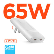 Hypergear - HyperGear Wall Charger Slim GaN 2 Port 65W USB-C SpeedBoost - White