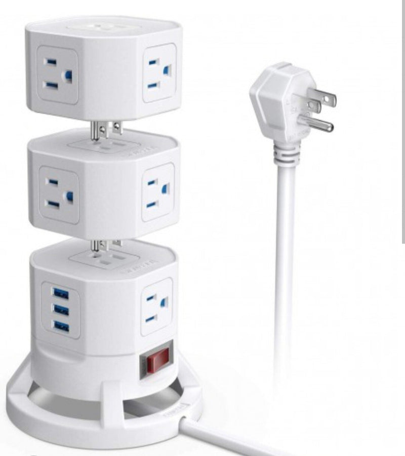 BESTEK - Surge Protector Tower 12 AC Outlets with 3 Smart USB Ports Stackable Space-Saving Design 6ft Extension Cord - White
