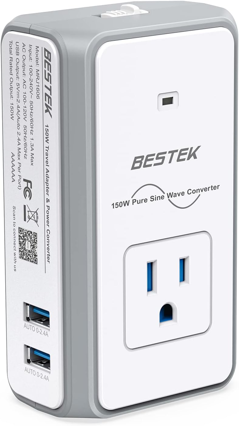 BESTEK - World Travel Adaptor 150W with 1 x AC Outlet & 2 x Smart USB Ports