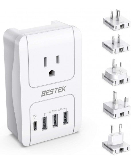 BESTEK - World Travel Adaptor 300W with 1 x AC Outlet, 3 x USB Ports & USB-C Port - White