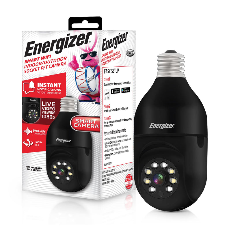 Energizer - Connect Smart 1080p HD Outdoor Security Socket Camera with Siren Alarm, Remote Access, Motion Alerts, 2 Way Audio and Night Vision, 2.4GHz Wi-Fi - Black