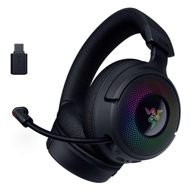 Razer - Gaming Headset Wireless Kraken V4 with Retractable HyperClear Super Wideband Mic TriForce Titanium 40MM Drivers THX Spatial Audio Bluetooth/2.4GHz/USB Chroma RGB - Black