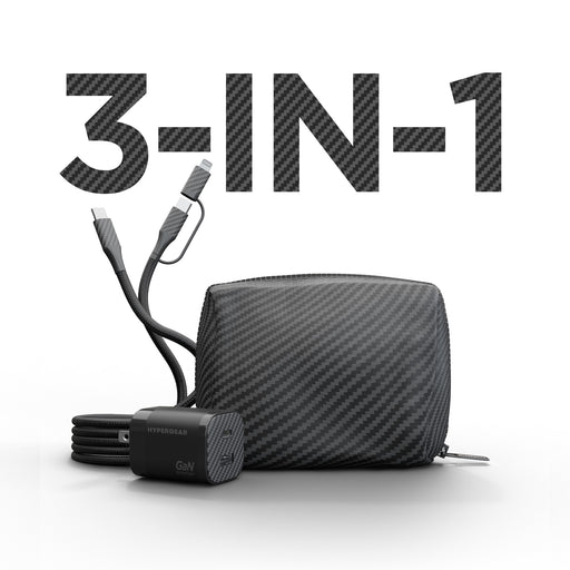 Hypergear - Charging Kit 3-in-1 2 Port 30W 1x USB-C 1x USB-A Compact Wall Charger - 6ft USB-C/Lightning to USB-C - Carry Pouch Carbon Fibre Pattern - Black