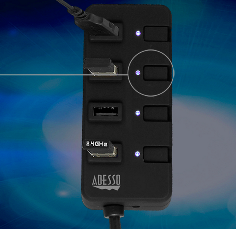 Adesso - Hub 4 Port USB 3.0 LED Indicator Lights Light Weight PC / Mac - Black