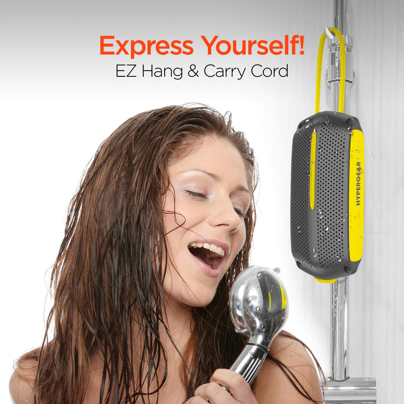 Hypergear - Speaker Bluetooth 10W Waterproof IPX4 Hands Free Music + Calls - Hang Cord Great For Shower - On The Water Camping 4HR Battery Life - Yellow