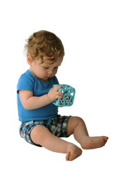 Malarkey Kids Chew Cube Teething Rattle – Blue – baby grasping blue cube