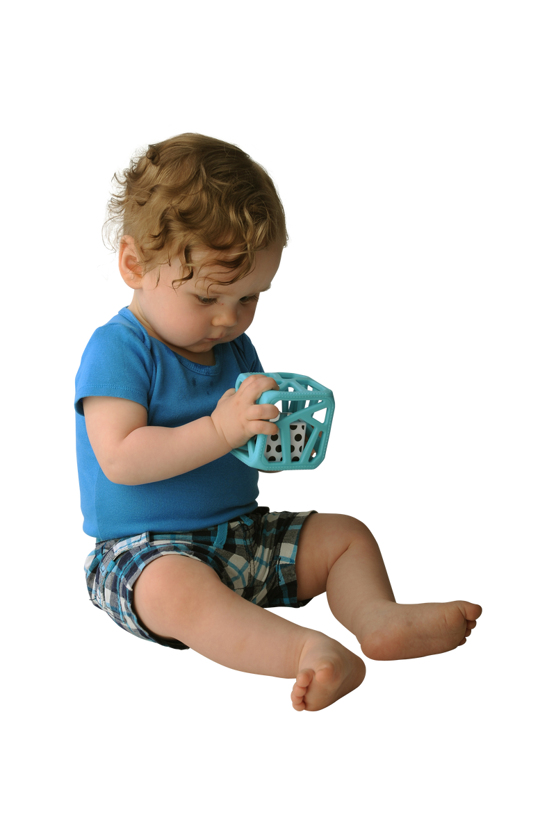 Malarkey Kids Chew Cube Teething Rattle – Blue – baby grasping blue cube