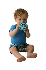 Malarkey Kids Chew Cube Teething Rattle – Blue – baby using blue cube