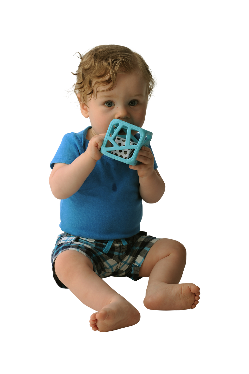 Malarkey Kids Chew Cube Teething Rattle – Blue – baby using blue cube