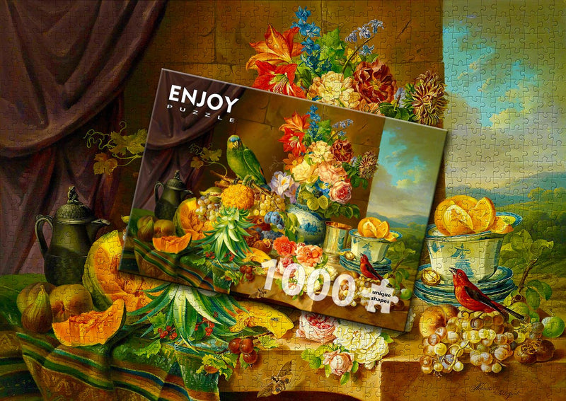 ENJOY - Schuster: Still Life with Fruit Flowers and Parrot (1000-Piece Puzzle) - Limolin 
