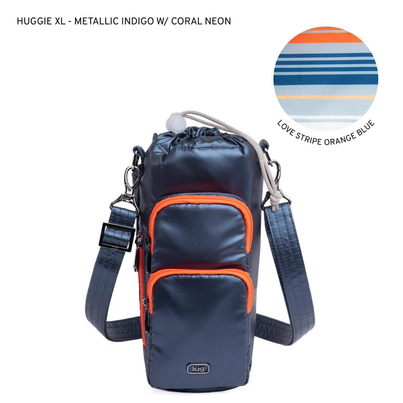LUG - Huggie XL Crossbody Bottle Holder - METALLIC INDIGO WITH CORAL NEON - colour view