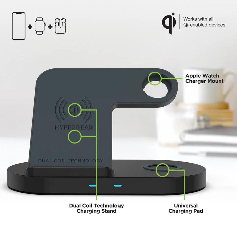 HyperGear - 3-In-1 Wireless Charging Dock With 10W Wireless Fast Charge | Black - Limolin 