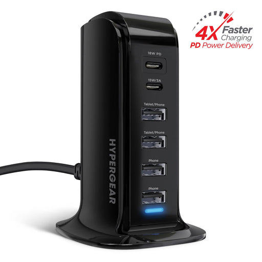 HyperGear - Charging Station 6 Port 42W 4X Usb-A 2X Usb-C Pd Tower Design Fast Charging - Black - Limolin 