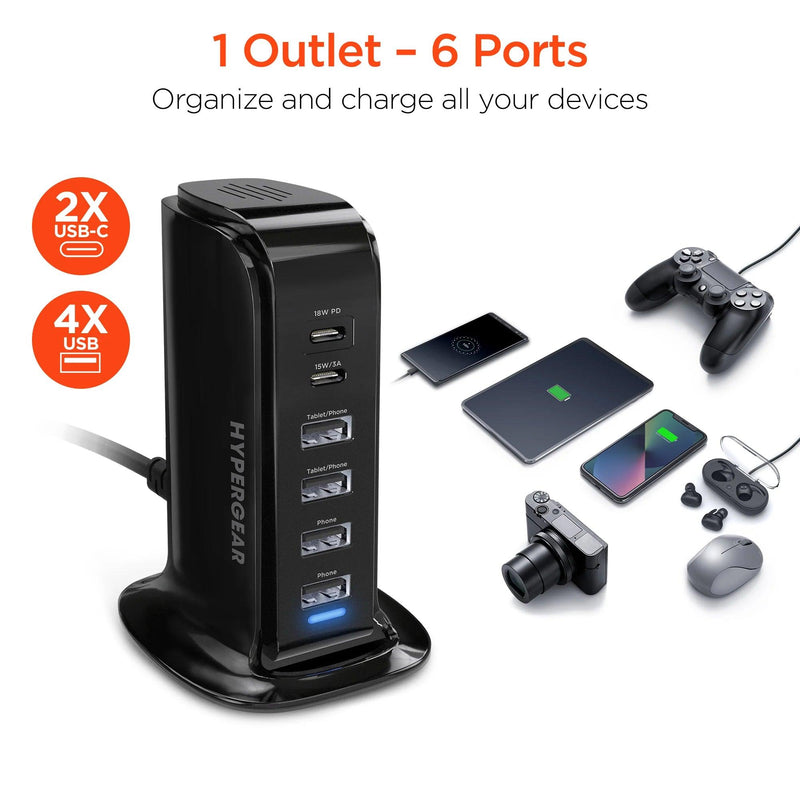 HyperGear - Charging Station 6 Port 42W 4X Usb-A 2X Usb-C Pd Tower Design Fast Charging - Black - Limolin 