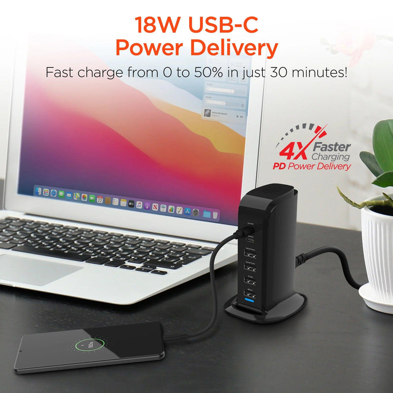 HyperGear - Charging Station 6 Port 42W 4X Usb-A 2X Usb-C Pd Tower Design Fast Charging - Black - Limolin 