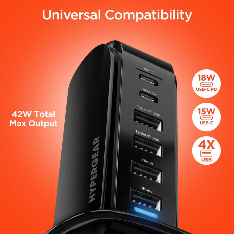 HyperGear - Charging Station 6 Port 42W 4X Usb-A 2X Usb-C Pd Tower Design Fast Charging - Black - Limolin 