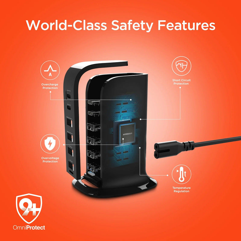 HyperGear - Charging Station 6 Port 42W 4X Usb-A 2X Usb-C Pd Tower Design Fast Charging - Black - Limolin 