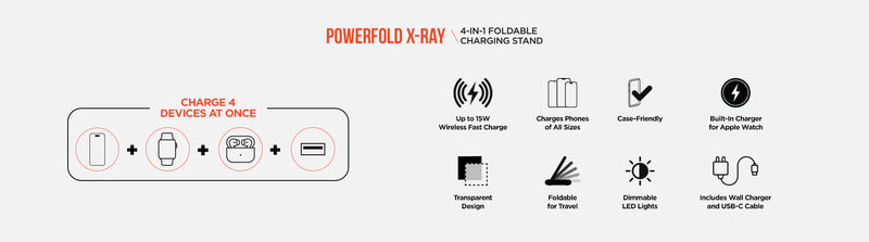 HyperGear - Wireless Charging Stand 4 In 1 Powerfold X-Ray 15W Fast Charge Phone Airpods & Watch & 1 Usb-A Port - Black - Limolin 