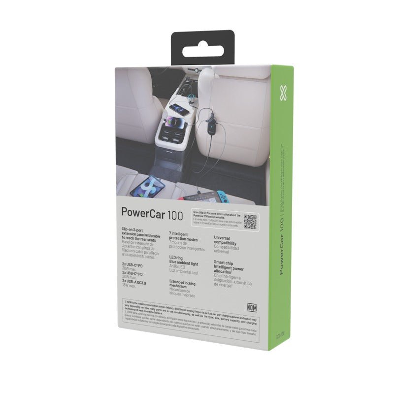 KlipXtreme – Chargeur de voiture 6 ports 100 W avec extension pour siège arrière – Noir – KCC-100