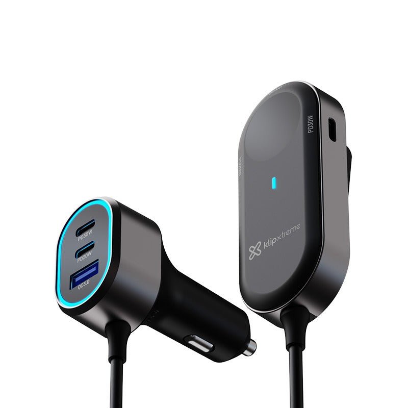 KlipXtreme – Chargeur de voiture 6 ports 100 W avec extension pour siège arrière – Noir – KCC-100