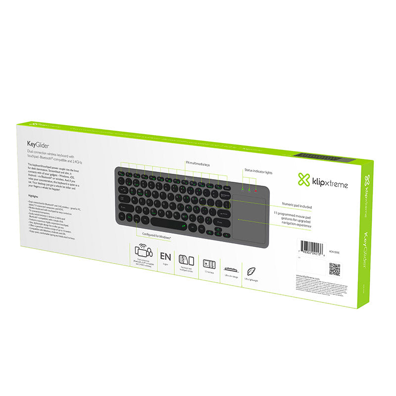 Klipxtreme - Keyboard Bluetooth or Wireless 2.4Ghz KeyGlider with Touch Pad Ultra Thin & Lightweight PCs Laptops TVs PC/Mac/iOS/Android - Limolin 