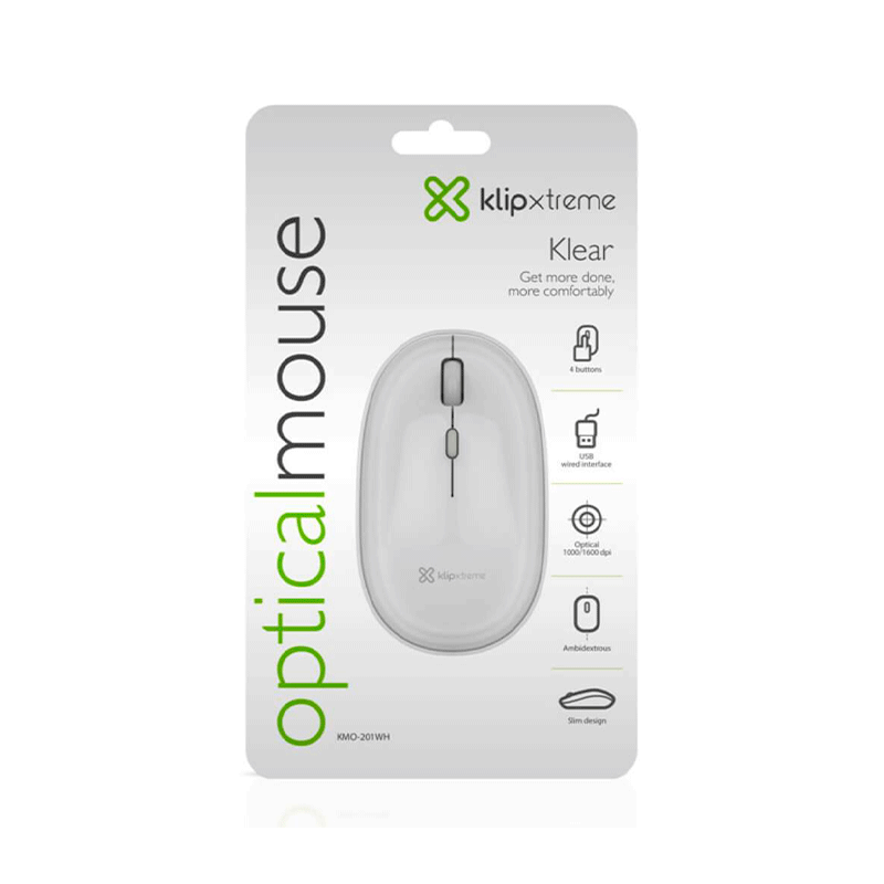 Klipxtreme - Mouse Wired 4 Button with Scroll Ambidextrous 1600dpi Ergonomic PC/Mac - White (KMO - 201WH) - Limolin 