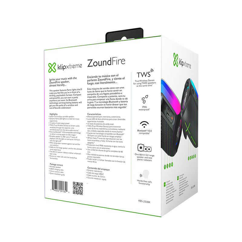 Klipxtreme - Speaker Bluetooth ZoundFire 12W Flame LED Lights TWS IPX6 - Limolin 