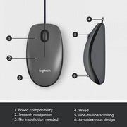 Logitech - Mouse Wired M100 Ambidextrous 3 Button with Scroll 1000dpi PC/Mac/Chrome/Linux - Black - Limolin 