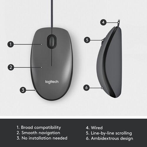 Logitech - Mouse Wired M100 Ambidextrous 3 Button with Scroll 1000dpi PC/Mac/Chrome/Linux - Black - Limolin 