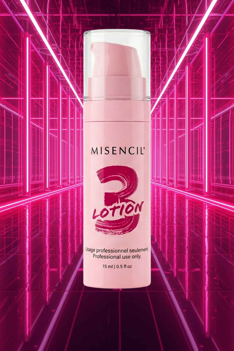 Misencil MISENLIFT Lotion 3 Shine Sealant, 15 mL airless bottle, pink display background