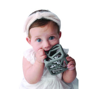 Malarkey Kids Chew Cube Teething Rattle – Dark Grey – baby holding cube