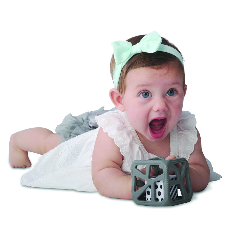 Malarkey Kids Chew Cube Teething Rattle – Dark Grey – baby exploring cube during tummy time