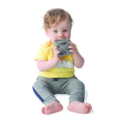 Malarkey Kids Chew Cube Teething Rattle – Dark Grey – baby sitting with cube