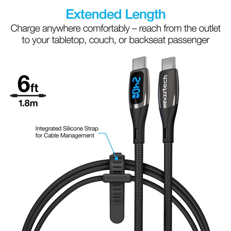 Naztech - Charge & Synch USB-C to USB-C 240W DigiWatt Fast Charge Cable with LED Power Display 6ft PD Industrial Strength Braided - Black - Limolin 
