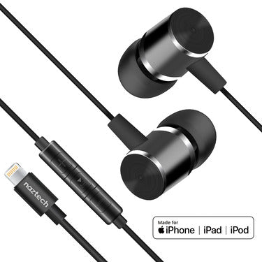 Naztech - Earbuds Lightning MFI Wired Platinum In Line Mic & Controls Hifi Digital Audio Dynamic Bass Aircraft Grade Aluminum - Black - Limolin 