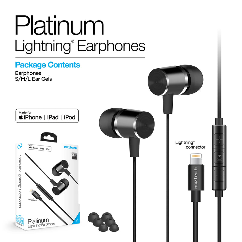 Naztech - Earbuds Lightning MFI Wired Platinum In Line Mic & Controls Hifi Digital Audio Dynamic Bass Aircraft Grade Aluminum - Black - Limolin 