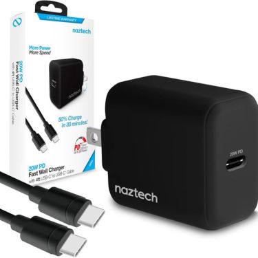 Naztech - Wall Charger 1 Port 20W USB-C PD Fast Charge Compact Foldable Prongs & USB-C to USB-C Cable 4ft - Black - Limolin 