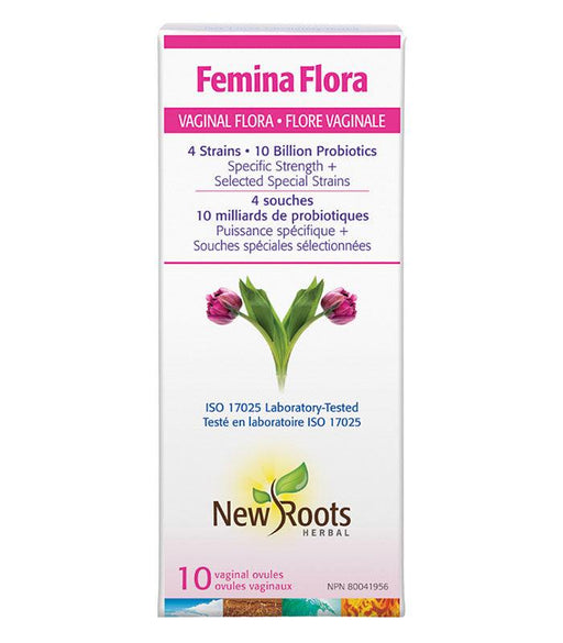 New Roots Herbal - Femina Flora Vaginal Flora?? 4 Strains?? 10?Billion Probiotics, 10 Vaginal Ovules - Limolin 