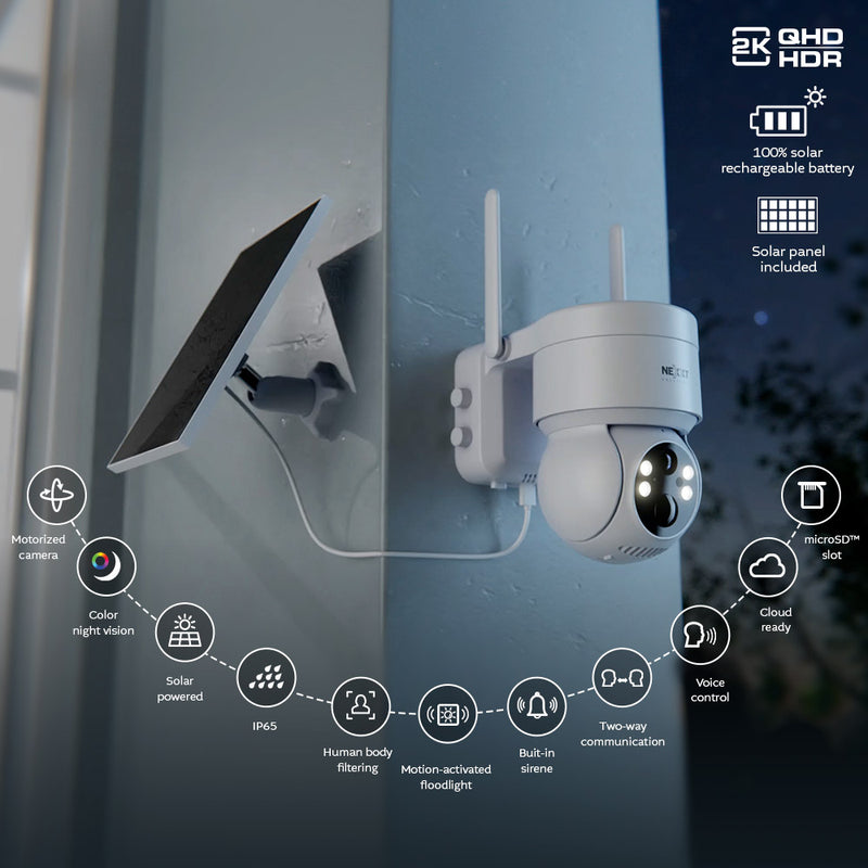 Nexxt - Smart Home Outdoor Camera Solar 2K PTZ (Pan Tilt Zoom) Motorized with Solar Panel IP65 2 Way Communication Night Vision Motion Sensor - White - Limolin 