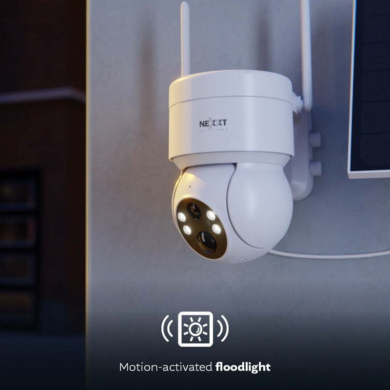 Nexxt - Smart Home Outdoor Camera Solar 2K PTZ (Pan Tilt Zoom) Motorized with Solar Panel IP65 2 Way Communication Night Vision Motion Sensor - White - Limolin 