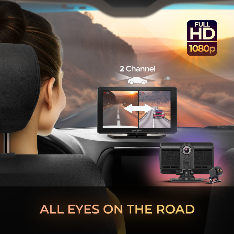 myGEKOgear - Dashcam - Orbit C110 Dual Front (1080P) Rear (1080P) & Back Up Camera 7 in Touch Screen With Apple Carplay / Android Auto 64GB Microsd Included - Black