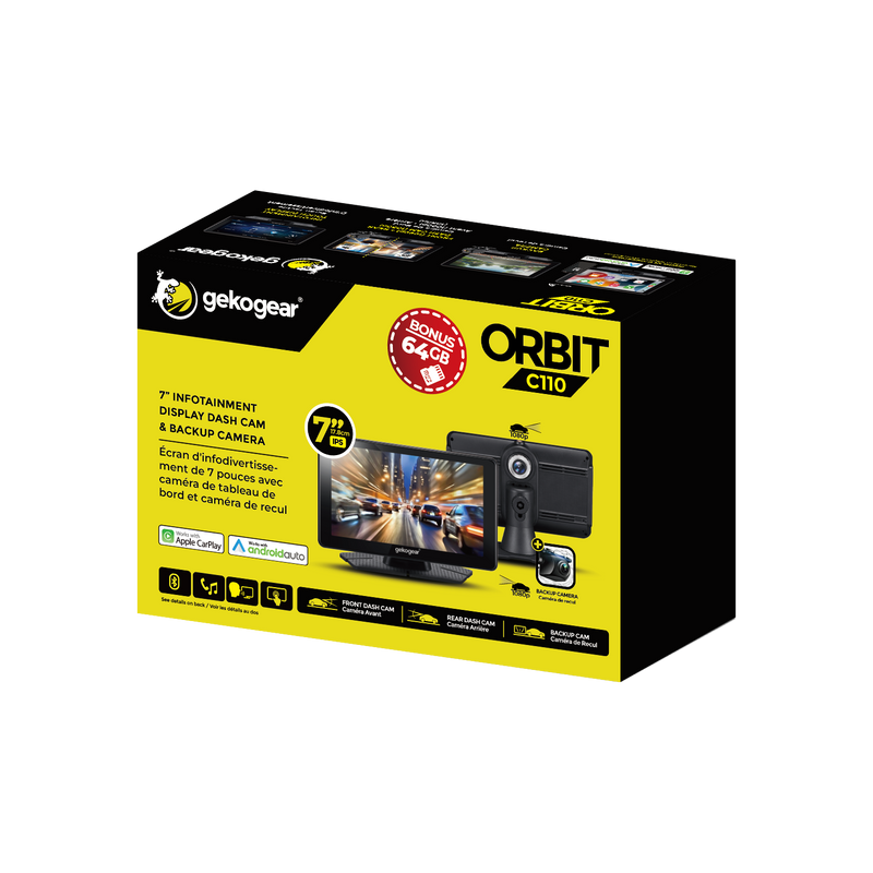 myGEKOgear - Dashcam - Orbit C110 Dual Front (1080P) Rear (1080P) & Back Up Camera 7 in Touch Screen With Apple Carplay / Android Auto 64GB Microsd Included - Black