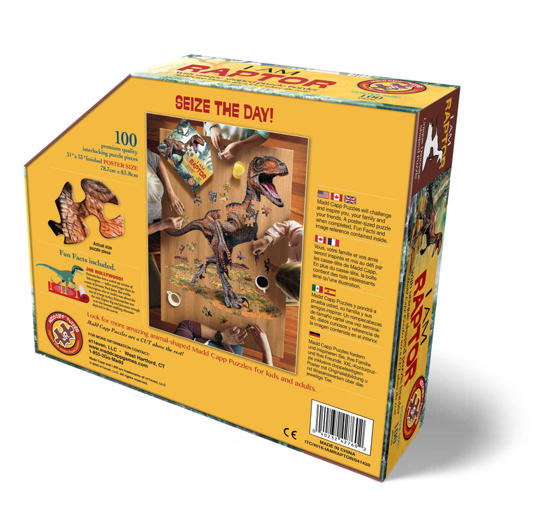 Madd Capp Puzzles – I Am Raptor Jigsaw Puzzle | 100 Pieces – back of packaging