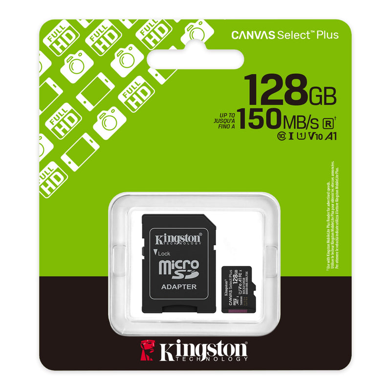 Kingston - MicroSD Memory Card 128GB Canvas Select Plus with SD Adapter 100MB/s - Black
