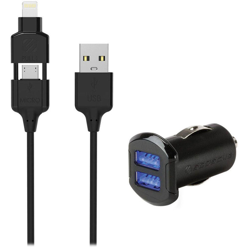 Scosche - Charge & Sync Lightning/Micro - USB 2-in-1 MFI to USB-A Cable Black & Car Charger 2 Port 24A Black StrikeDRIVE Kit - Limolin 
