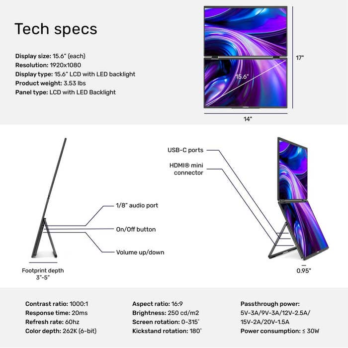 SideTrak - Laptop Monitor 15.6in Solo Book Stacked Dual Portable Monitor Hinge Design Auto Rotate 360 Degrees with Neoprene Sleeve PC/MAC/Chrome/Console Gaming BIL - Black - Limolin 